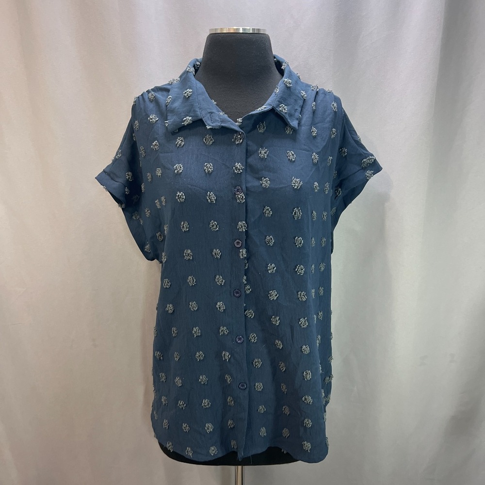 Bothenial Shirt Top Womens XL Blue Dotted Swiss Casual Short Sleeve Button Up